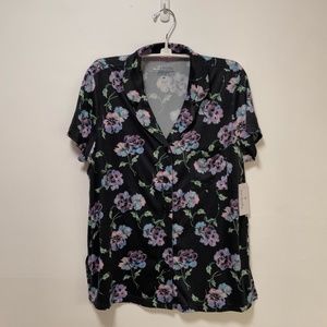 Vera Bradley Pansy Print Notch Collar Shirt NWT – Black Size S